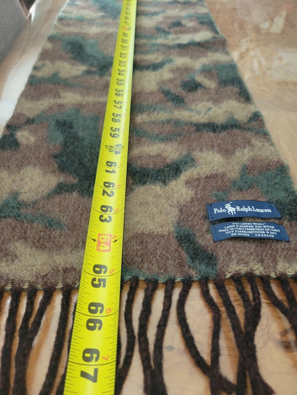 Polo Ralph Lauren Camo Scarf Made in Italy Lambswool Blend Fringed Woodland - Picture 6 of 6